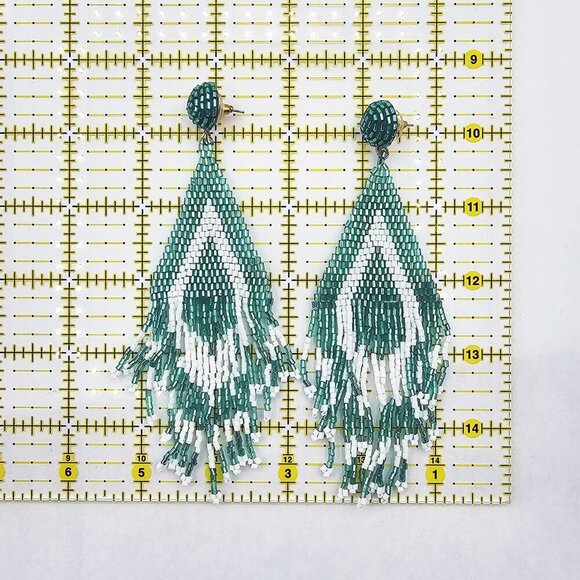 Natasha Long White and Teal Statement Beaded Earrings - Picture 3 of 3